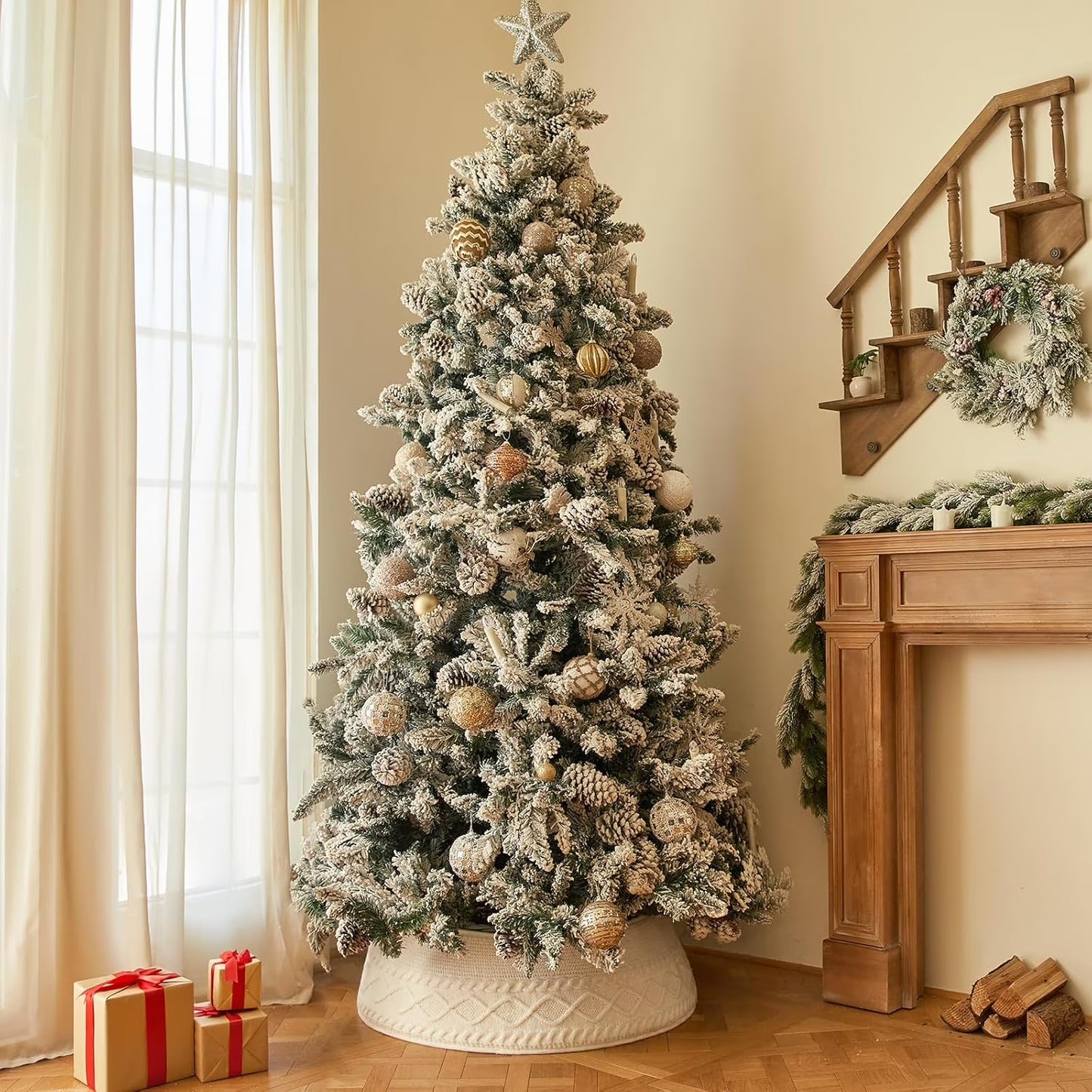 Christmas Tree Collar, Adjusted Christmas Tree Base Cover for Artificial Trees, Knit Cream White Rustic Farmhouse Xmas Tree Ring Skir