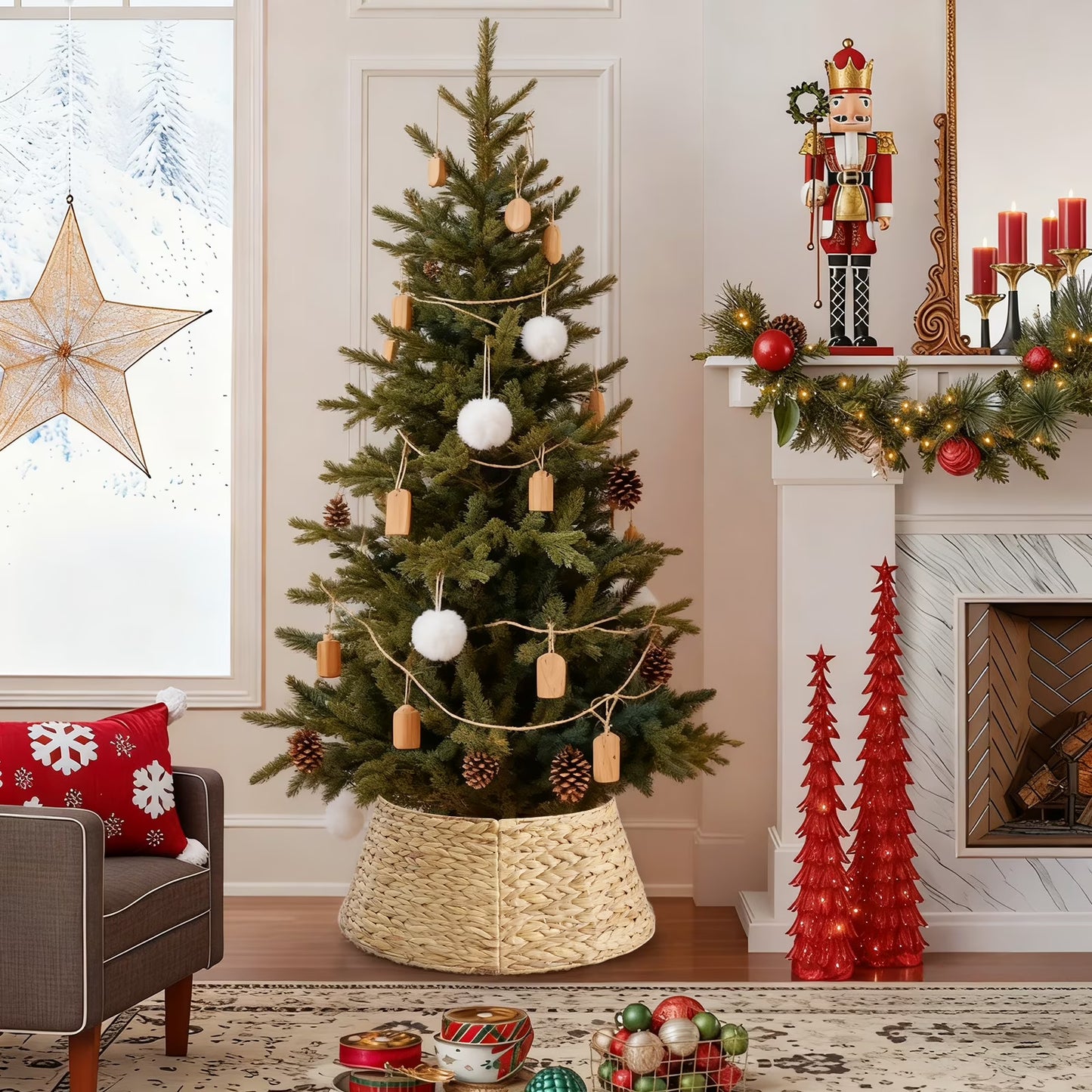 CONCETTA 42in Christmas Tree Collar, Farmhouse Detachable Handwoven Christmas Tree Base Cover, Christmas Tree Basket Base, for Holiday,Natural