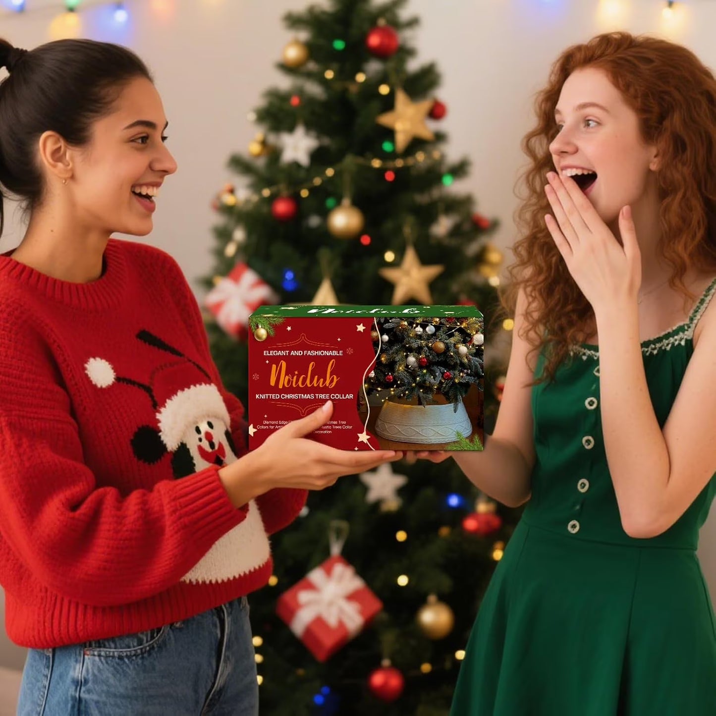 Christmas Tree Collar, Adjusted Christmas Tree Base Cover for Artificial Trees, Knit Cream White Rustic Farmhouse Xmas Tree Ring Skir