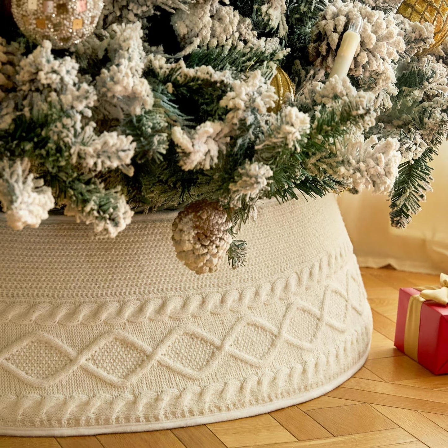 Christmas Tree Collar, Adjusted Christmas Tree Base Cover for Artificial Trees, Knit Cream White Rustic Farmhouse Xmas Tree Ring Skir