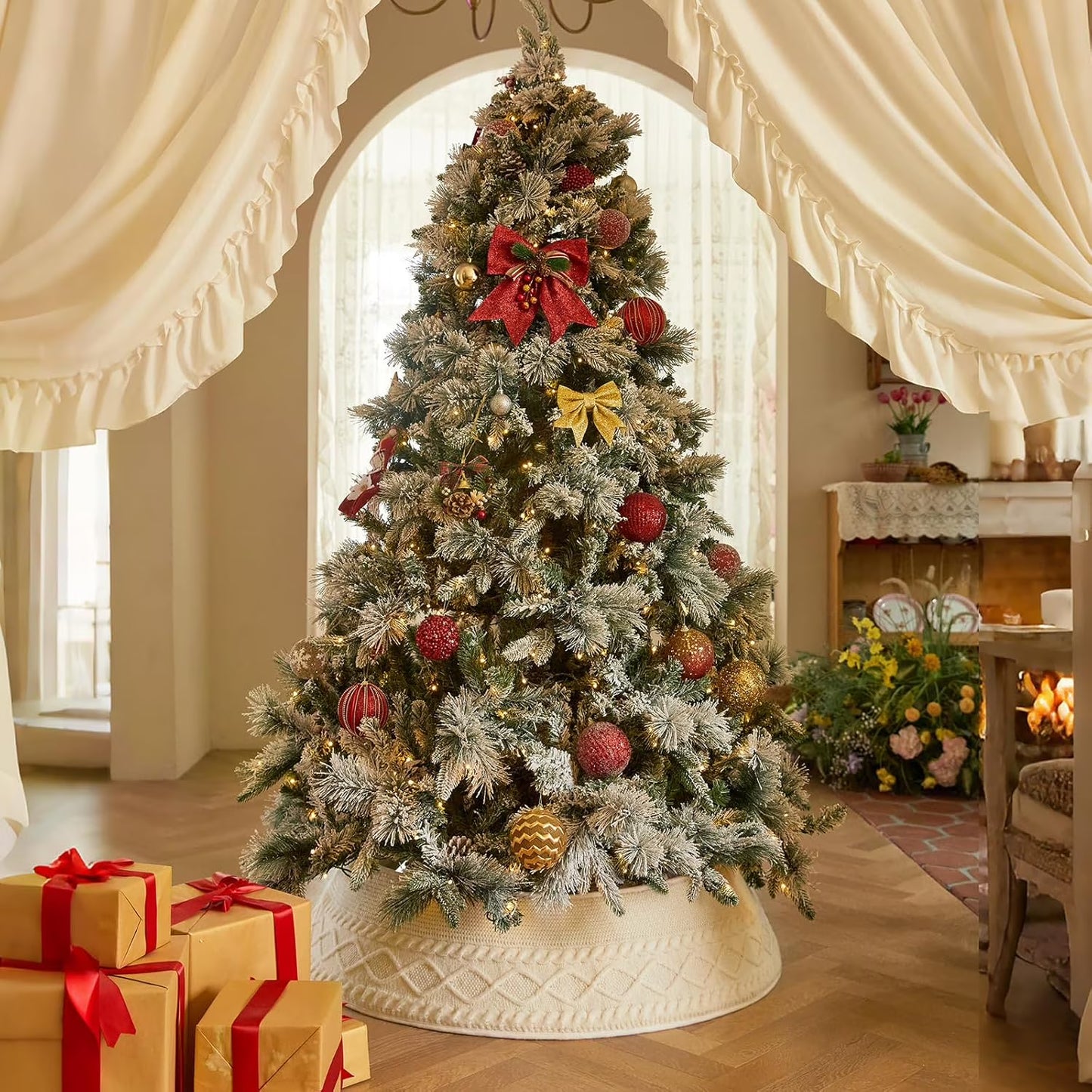 Christmas Tree Collar, Adjusted Christmas Tree Base Cover for Artificial Trees, Knit Cream White Rustic Farmhouse Xmas Tree Ring Skir