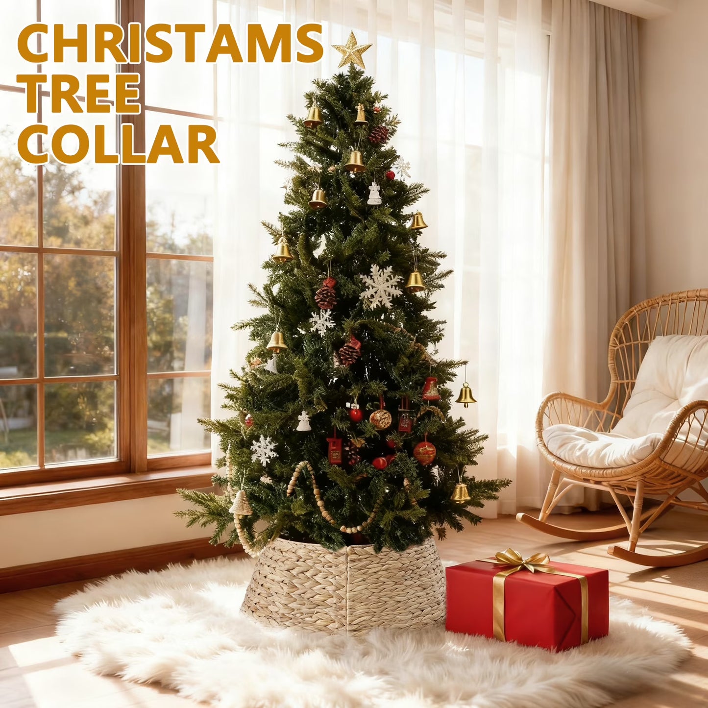 CONCETTA 42in Christmas Tree Collar, Farmhouse Detachable Handwoven Christmas Tree Base Cover, Christmas Tree Basket Base, for Holiday,Natural